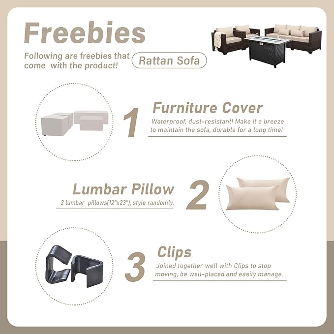 4 Pieces Outdoor Patio Furniture Set 43 in Outdoor Fire Pits Wicker Outdoor Furniture Chairs and Sofa 60000 BTU Outdoor Propane Fire Pit Table Non-Slip Cushions and Waterproof Covers, Khaki