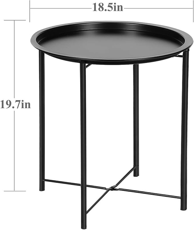 VECELO Side/End Table, Folding Round Metal Anti-Rust and Waterproof Outdoor or Indoor Tray for Living Room Bedroom Balcony and Office, 2 PCS, Black - Image 3