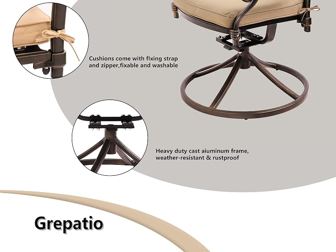 Grepatio 5 Piece Outdoor Dining Set Cast Aluminum Patio Table and Chairs Outside Furniture 4 Mesh Swivel Chairs with Khaki Cushion and 1 Umbrella Hole Round Dining Table for Lawn Garden (Grid Khaki) - Image 6
