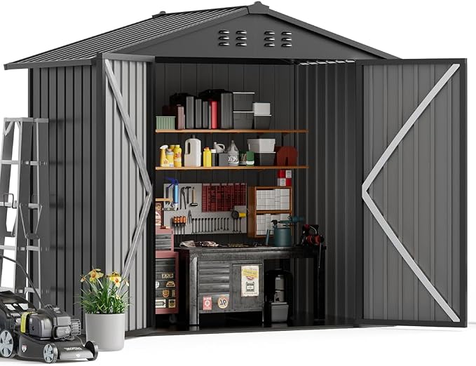 COMHOMA Shed Outdoor Storage Shed Metal,Lockable Doors Tool Sheds with Sloping Roof,Steel Garden Shed with Air Vent for Backyard,Patio,Lawn,Poolside(Grey,6'x4') - Image 9