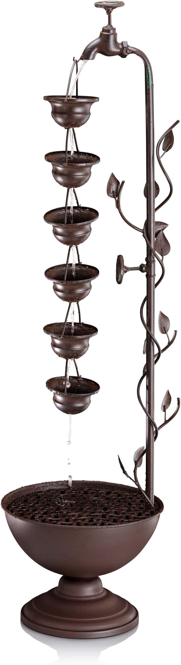 Alpine Corporation MAZ254 Outdoor Floor Tiered Vintage Water Fountain w/ 6 Hanging Cups, Soothing Tier Waterfall, 38", Bronze