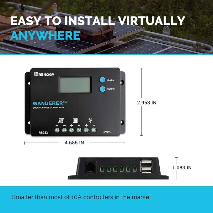 Renogy 10 Amp 12V/24V PWM Negative Ground Solar Charge Controller Compact Design w/LCD Display for AGM, Gel, Flooded and Lithium Battery, Wanderer 10A - Image 2