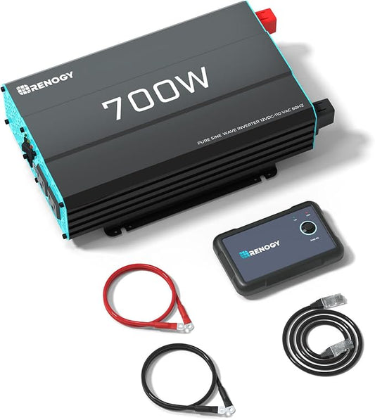Renogy Inverter P2 700W Pure Sine Wave Inverter 12V DC to 120V AC, Off-Grid Solar Power Converter for Home, RV, Truck, Camping, with Built-in 5V/2.1A USB Port, AC Hardwire Port, Remote Controller by RenogySolar
