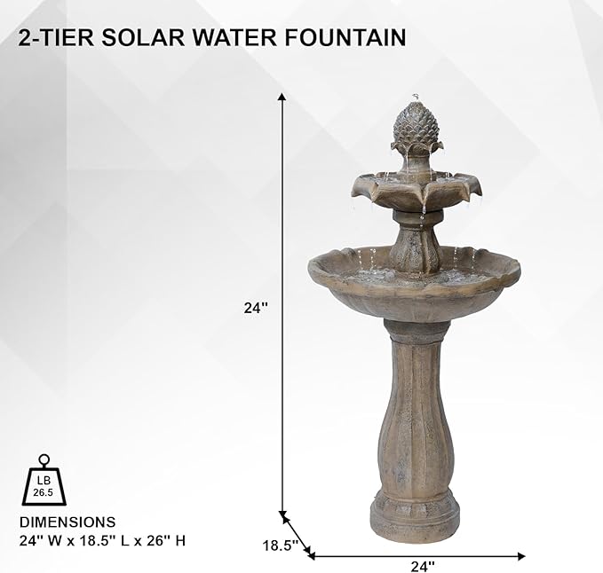 XBrand 44" Solar Powered 2-Tier Outdoor Water Fountain, Fiberglass Resin Garden Bird Bath Fountain with Auto Shut-Off Pump