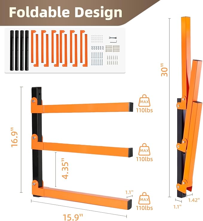 Wall Mounted Lumber Storage Rack and Wood Organizer, Heavy Duty Steel Shelf Brackets for Garages Workshops & Outdoor Sheds, Space Saving Metal Wall Rack - Image 2