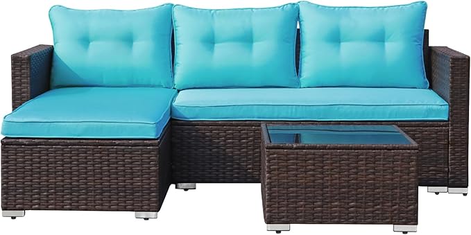 JOIVI Outdoor Patio Furniture Set, All Weather Outdoor Sectional Conversation Set, Wicker Furniture Sofa Set, Outdoor Patio Seating with Cushions, Tempered Glass Coffee Table, L-Shaped, Turquoise