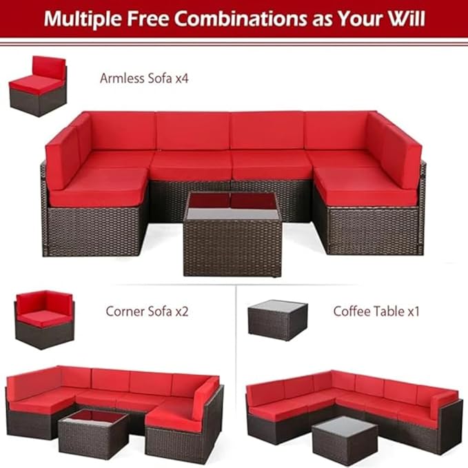U-MAX 7 Piece Outdoor Patio Furniture Set with Extra 43 Inch Fire Pit Table, PE Rattan Wicker Sofa Set, Outdoor Sectional Furniture Chair Set with Cushions and Tea Table, Brown Rattan&Red Cushion