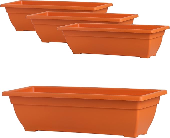 Rectangle Planter Box, 24 Inch Indoor/Outdoor Rectangular Planter, Durable UV Resistant, 4 Gallon Plastic Window Box Trough, for Herbs, Succulents, Vegetables (Terracotta | 4 Pack)