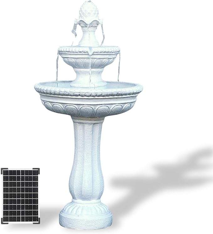XBrand 39" 2-Tier Outdoor Freestanding Solar Water Fountain - Classic Design, White Resin Bird Bath with Pump - Ideal for Yard, Lawn and Garden, Porch Décor