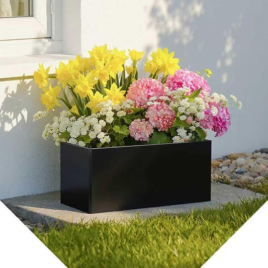 Metal Planters - Rectangular Trough, All-Weather Durable with 4 Drainage Holes, 25x11x13 Inches for Porch & Patio, Black