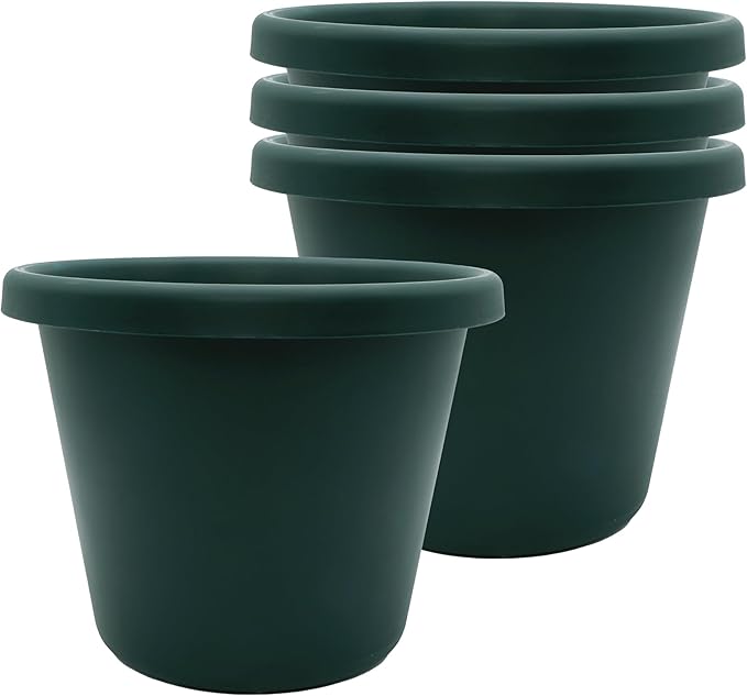 The HC Companies 8.5 Inch Classic Round Planter Pots with Drainage, Rolled Rim Plastic Planters for Indoor & Outdoor Plants, 4-Pack Decorative Flower Pots for Garden, Office & Home Decor, Evergreen