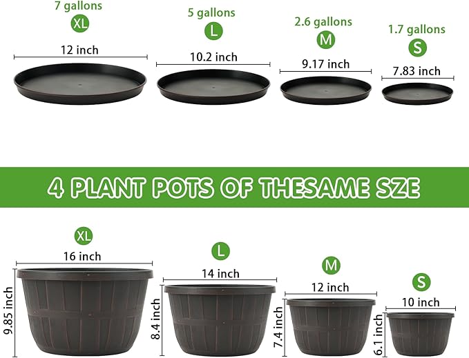 Quarut 16 Inch Brown Classic Plastic Whiskey Barrel Planters Set of 4 with Drainage Holes & Trays for Indoor & Outdoor Use
