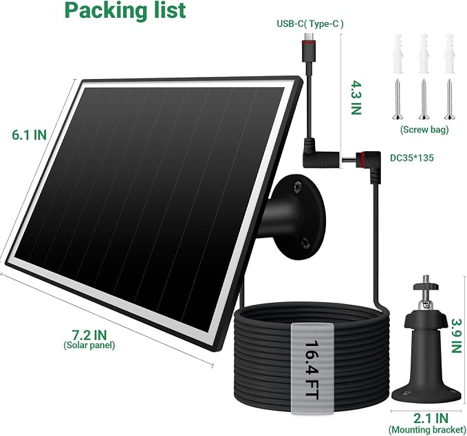 2 Pack Solar Panel for Ring Camera, 6W Solar Charger with USB-C & Barrel Plug for Ring Stick Up Cam Plus/Pro & Spotlight Cam Battery Series, Waterproof, 16ft Cable (Black) - Image 7