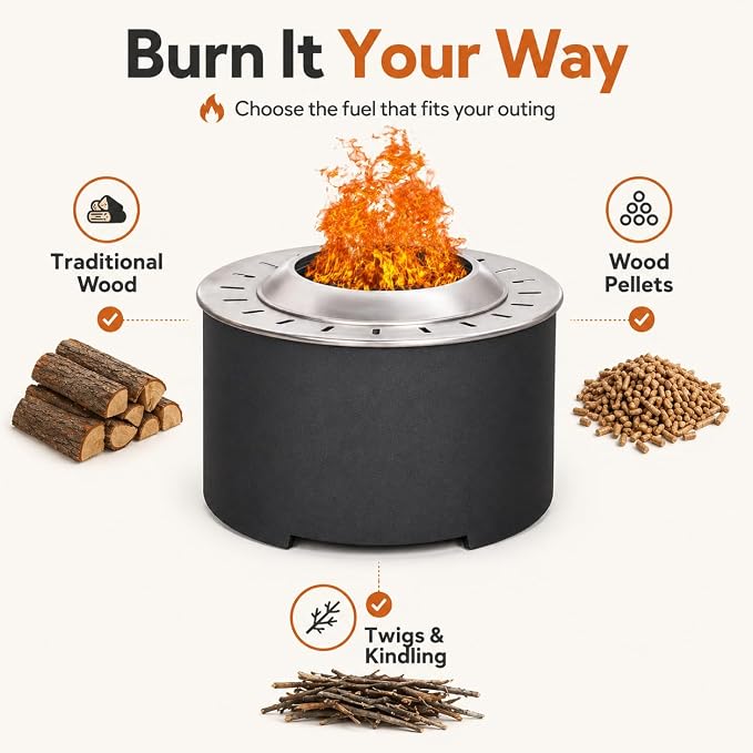 Afterglow Smokeless Fire Pit, 20.5" Round Wood Burning Stainless Steel Top & TerraFab Base, Firepit with Weather Cover Perfect for Outdoor Patio Garden, Dark Grey - Image 4