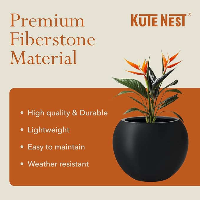 9.7" H x 12" D Premium Globo Fiberstone Round Planter with Drainage Hole, Smooth Finishes, Weather Resistant for Indoor and Outdoor Use, Included 2 Extra Coco Mats (Black, 7.8" Pot Opening)