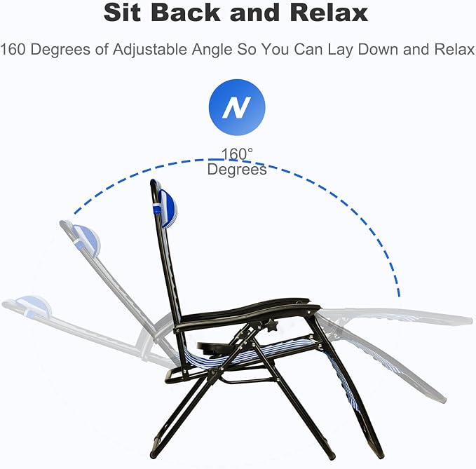 Nazhura Set of 2 Relaxing Recliners Patio Chairs Adjustable Steel Mesh Zero Gravity Lounge Chair Beach Chairs with Pillow and Cup Holder (Navy Blue Stripe) - Image 4