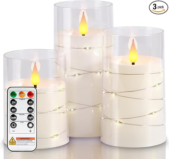 Homemory Flameless Candles with Embedded Star String Fairy Lights, Battery Operated Candles, LED Candle, Fake Candles with Remote Control and Timer, White, Set of 3(H 4" 5" 6?€?)