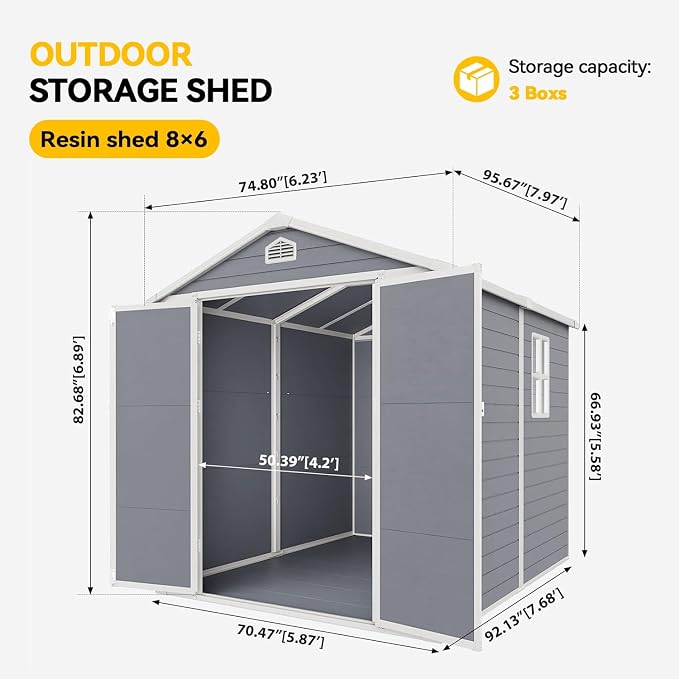 Aoxun 6x8 FT Outdoor Storage Shed, Plastic Garden Resin Shed with Floor and Window for Patio, Lawn, Outdoor Storage with Lockable Door for Bike, Tools, Garbage Can, Grey - Image 2