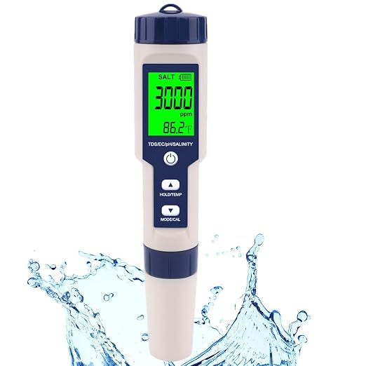 Pool Salt Tester & PH Meter, Hofun Digital Salinity Meter and PH Tester for Aquarium and Pool Saltwater Water, 5 in 1 Salinity PH Temp EC and TDS Meter, Aquarium Swimming Pool Hot Tub, High Accuracy by Hofun