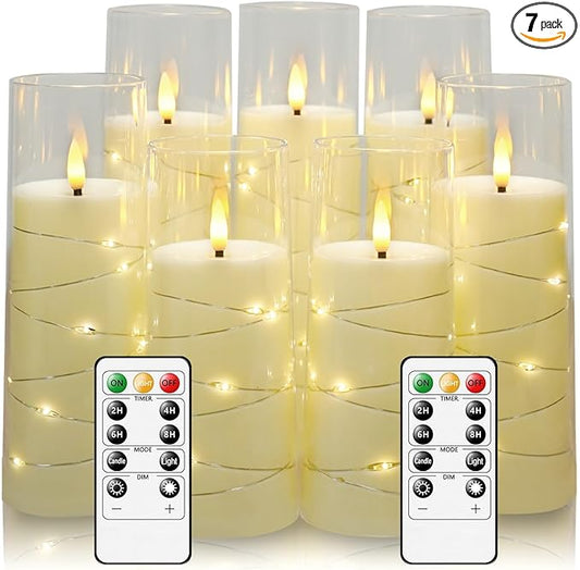 Flameless Candles with Embedded Star String, Battery Operated LED Pillar Candles with Timer and Remote Control,Home Decorating for Ambiance， Set of 7(Ivory)