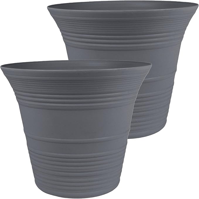 The HC Companies 16 Inch Sedona Round Self Watering Planter Pots, Lightweight UV-Resistant Plastic Indoor & Outdoor Planters, 2-Pack Flower Pots for Garden & Home Decor, Warm Gray