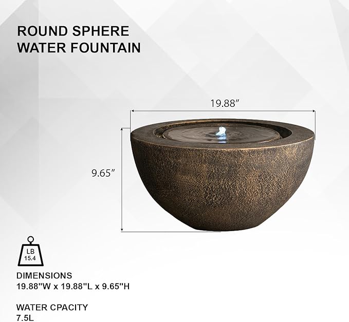 XBrand 19.8" W Round Sphere Water Fountain Indoor Outdoor with LED Light, Polyresin Bubbler Feature for Patio Garden Yard Home Décor, Bronze