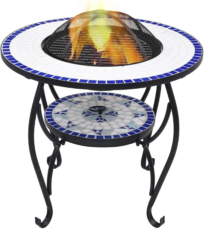Mosaic Fire Pit Table, Outdoor Patio Wood Burning Fireplace, 26.8" Ceramic Top with Grill, Poker, and Safety Lid for Backyard Heating by Unknown