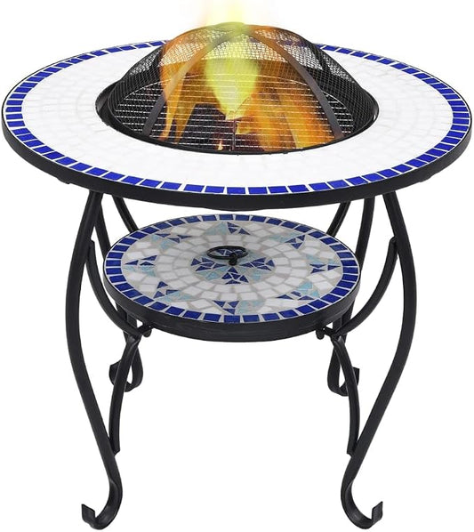 Mosaic Fire Pit Table, Outdoor Patio Wood Burning Fireplace, 26.8" Ceramic Top with Grill, Poker, and Safety Lid for Backyard Heating by Unknown