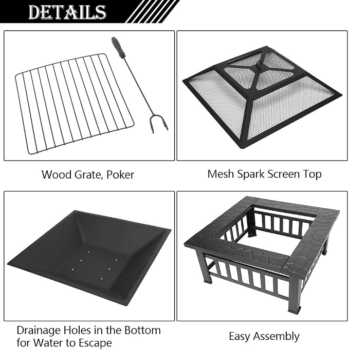 32in Outdoor Metal Firepit Square Table Backyard Patio Garden Stove Wood Burning Fire Pit with Spark Screen, Log Poker and Cover - Image 7