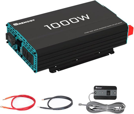 Renogy 1000W Pure Sine Wave Inverter 12V DC to 120V AC Converter for Home, RV, Truck, Off-Grid Solar Power 110V with Built-in 5V/2.1A USB Port, Hardwire Remote Controller by RenogySolar