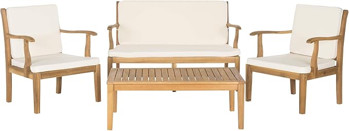 Safavieh Outdoor Living Collection Bradbury 4-Piece Outdoor Living Set, Natural/Beige, Chair: 25.6" x 24.8" x 31.9" Bench: 48.4" x 24.8"