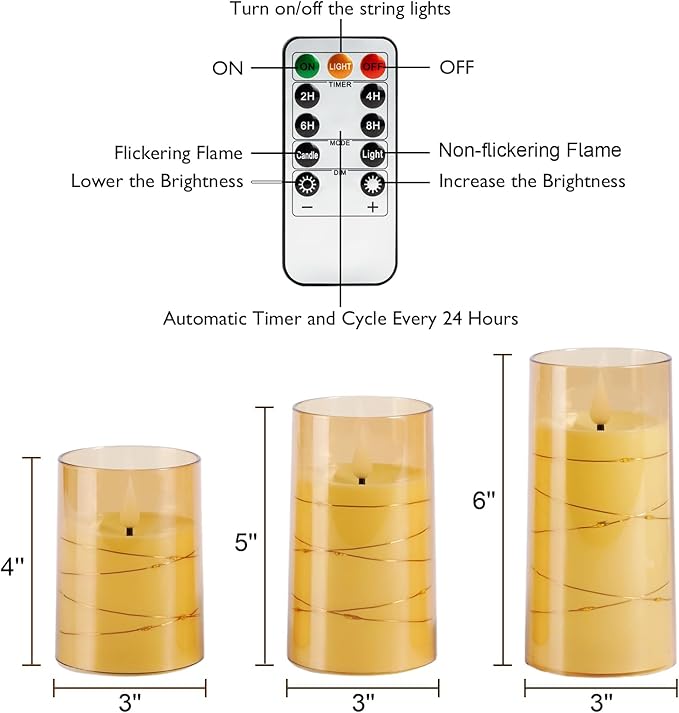Homemory Flameless Candles with Embedded Star String Fairy Lights, Battery Operated Candles, LED Candle, Fake Candles with Remote Control and Timer, Gold, Set of 3(H 4" 5" 6”)