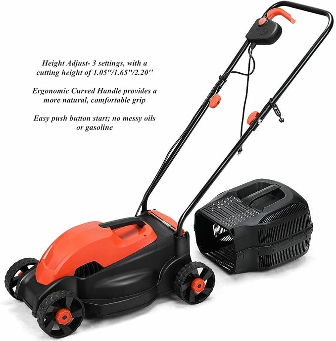 12 Amp 14 Inch Corded Electric Push Lawn Mower Electric Grass Trimmer with Grass Collection Box 1200W Powerful Motor 3 Cutting Height Easy Push Button Start Ergonomic Curved Handle - Image 3