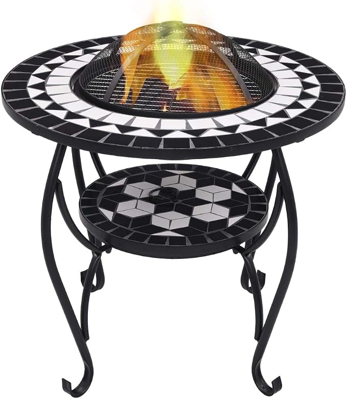 Mosaic Fire Pit Table, Outdoor Patio Wood Burning Fireplace, 26.8" Black and White Ceramic Grill Stand for Backyard by Unknown