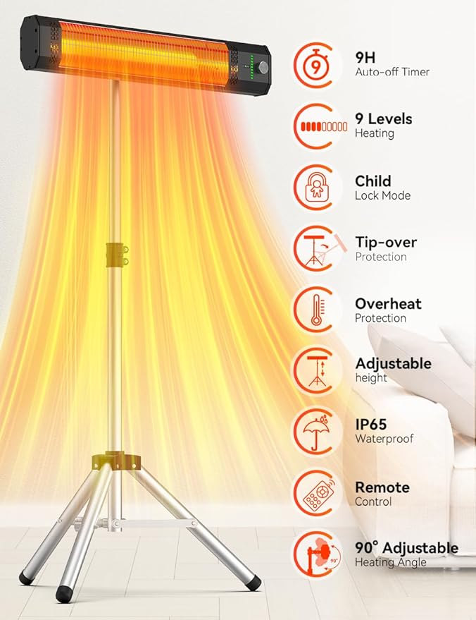 BALKO Outdoor Heater for Patio Electric, 9 Heating Levels, IP65 Waterproof Patio Heaters for Outdoor Use, 1500W Heating Covers 400Sq.ft, 9H Timer, Tip-Over & Overheat Protection, 20FT Remote Control