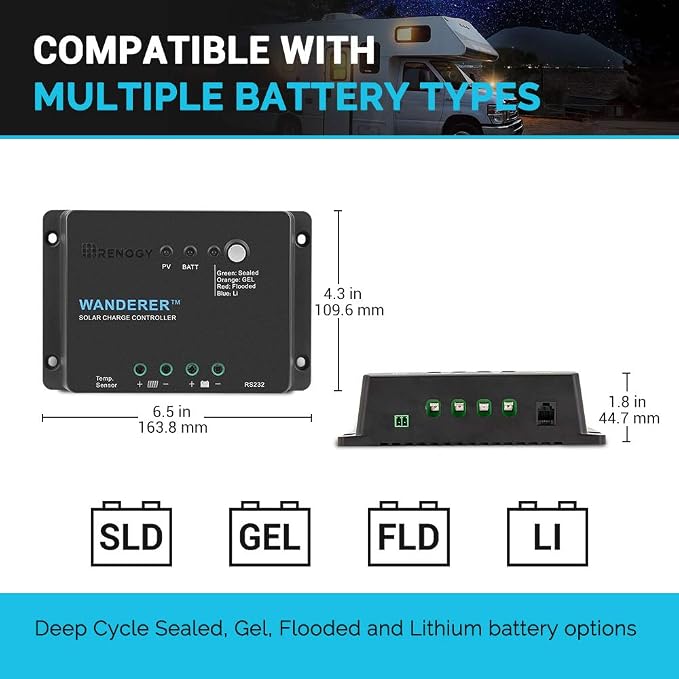 Renogy Wanderer Li 30A 12V PWM Negative Ground Solar Charge Controller Solar Panel Regulator w/ Temp Sensor Function Fit for Lithium, Sealed, Gel, and Flooded Batteries, Wanderer Li 30A - Image 3