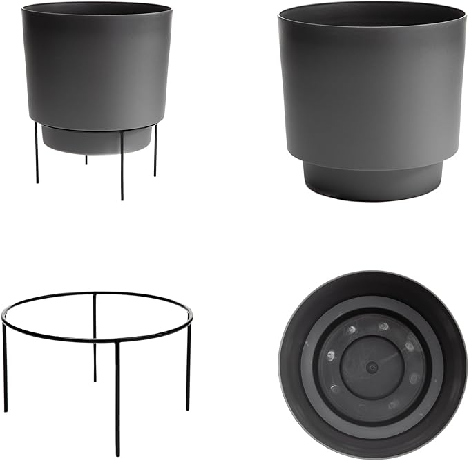Bloem Hopson Decorative Resin Cachepot with Metal Stand, 6" Indoor and Outdoor Planter with Black Metal Stand, Charcoal