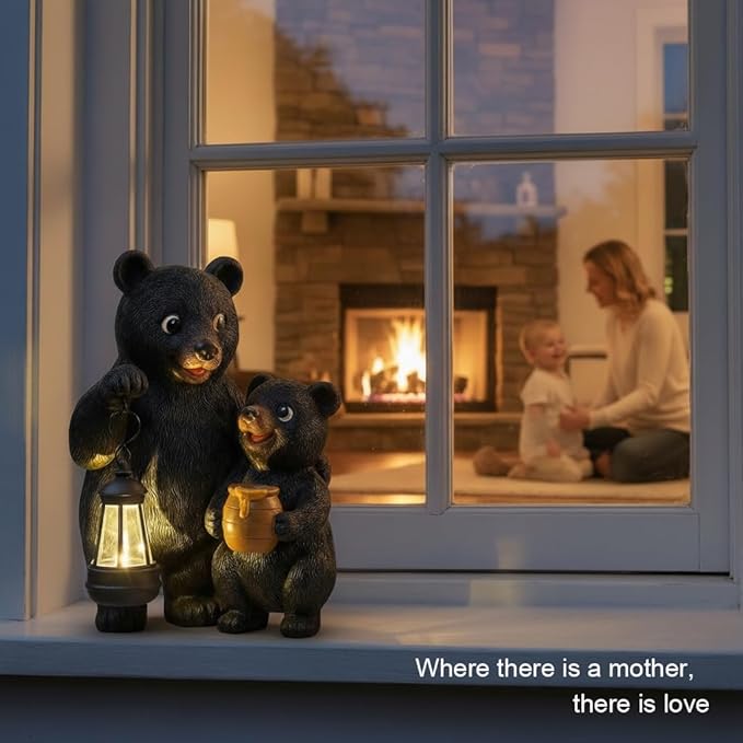 Lavezee Garden Bear Statues, Mother and Baby Bear Figurines with Solar Lantern for Outdoor Porch Yard Lawn, Unique Bear Gifts for Mom Grandma Women