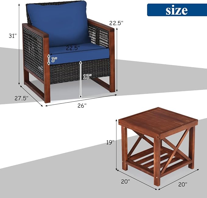 Tangkula 3 Pieces Patio Wicker Furniture Set, Rattan Outdoor Sofa Set w/Washable Cushion & Acacia Wood Coffee Table, Conversation Bistro Set for Garden Balcony Backyard (Blue)