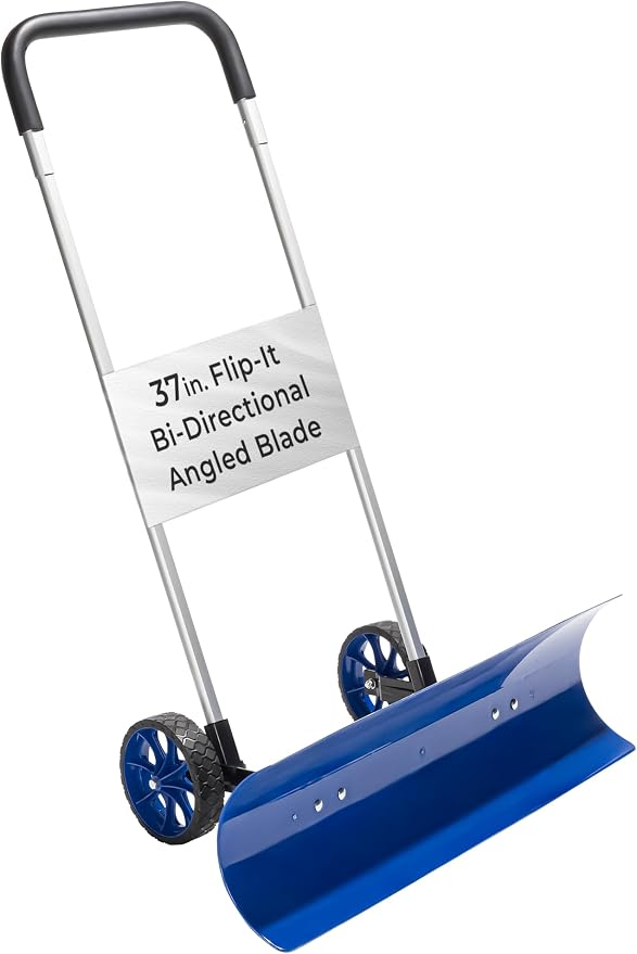 Idzo Efficient Snow Pusher, Snow Plow Shovel with 37-Inch Reversible and Bi-Directional Angled Blade, Snow Shovel with Wheels & Convenient 90 Degree Handle for Driveways, Sidewalks, Ice Hockey Rinks by Idzo