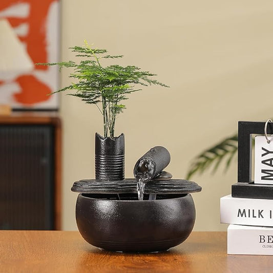 Ceramic Tabletop Fountain Water Feature Fall Indoor and Outdoor Decoration (Black Bamboo A151)