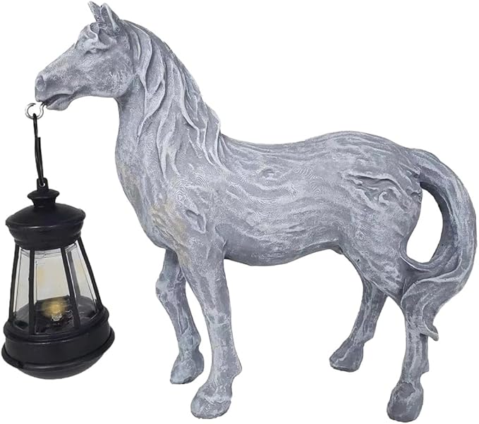 Solar Garden Horse Figurines, Horse with Solar Lantern, Whimsical Outdoor Indoor Decor, Grey