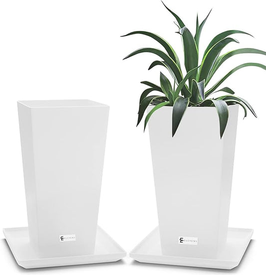 Elevens Set of 2 Tall Outdoor Planters 28 Inch, Large Planters for Indoor Outdoor Plants, Tapered Square Flower Pots with Tray for Patio, White