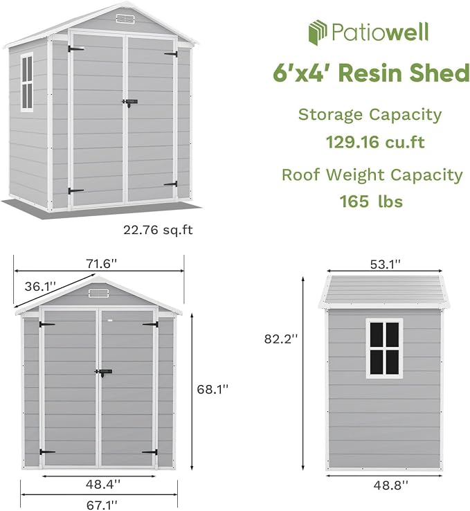 Patiowell 6x4 FT Resin Outdoor Storage Shed with Floor, Plastic Storage Shed with Lockable Door, Outside Shed Perfect to Store Patio Furniture, GardenTools Bike Accessories, Lawn Mower, Light Gray - Image 3