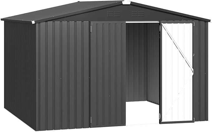 AECOJOY 8' x 10' Outdoor Storage Metal Shed, Dark Grey Steel Yard Shed & Outdoor Storage Clearance with Design of Lockable Doors, Utility and Tool Storage for Garden, Backyard, Patio, Outside use - Image 7