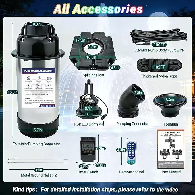 Pond Fountain Aerator with Lights 750W 110V 1 HP with Dynamic RGB Lighting 9 Adjustable Modes Digital Timer | 15,000 GPH 100FT Cord - for Large Ponds Lakes & Outdoor Water Features