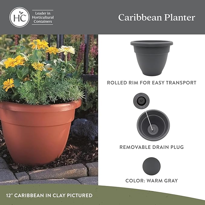The HC Companies 16 Inch Caribbean Planter Pots with Drainage & Plug, Rolled Rim Plastic Planters for Indoor & Outdoor Plants, 2-Pack Decorative Flower Pots for Garden, Office & Home Decor, Warm Gray