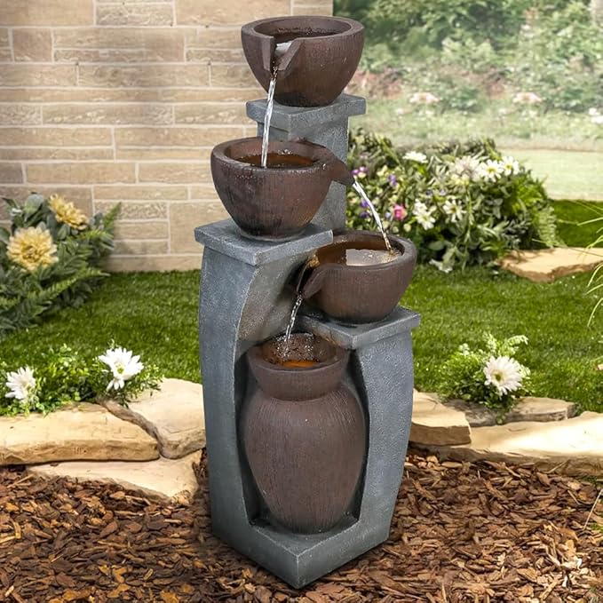 SunJet 4-Tier Outdoor Water Fountain Resin Waterfall Fountains Decor with LED Lighting Natural Polyresin Looking Stone Decor for Garden Patio Fold Court Yard Deck 11.4" L x 11.8" W x 32.8" H