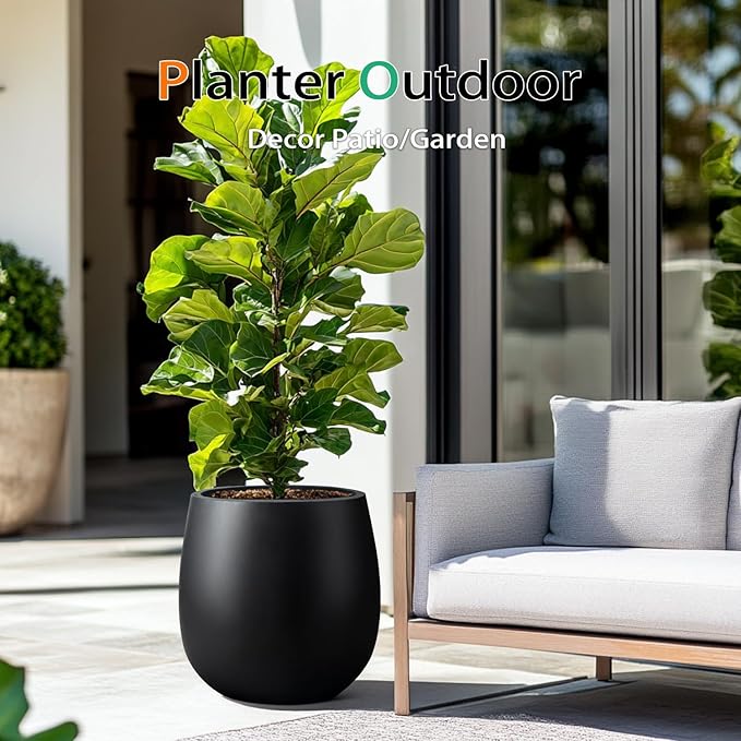 Oval Concrete Planters for Outdoor Plants, Large Tall Cement Flower Pots Indoor for Garden, Front Porch, Patio (Black)