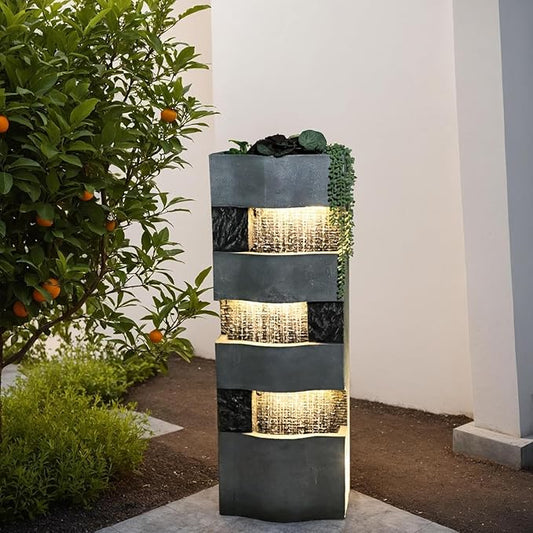 40.5" H Modern Outdoor Water Fountain with LED Lights – Tall Garden Waterfall Fountain for Patio, Yard, Landscape or Indoor Decor, 4 Tiers Floor Standing Waterfall Outdoor Fountains